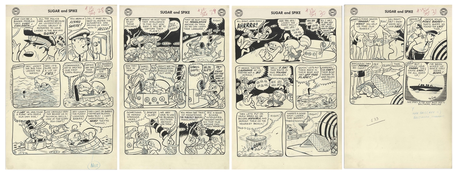 Sheldon Mayer Original Hand-Drawn ''Sugar and Spike'' Comic Book -- Complete Issue of 28 Pages From the June-July 1960 Issue #29 -- Flying Saucers & Sharks!